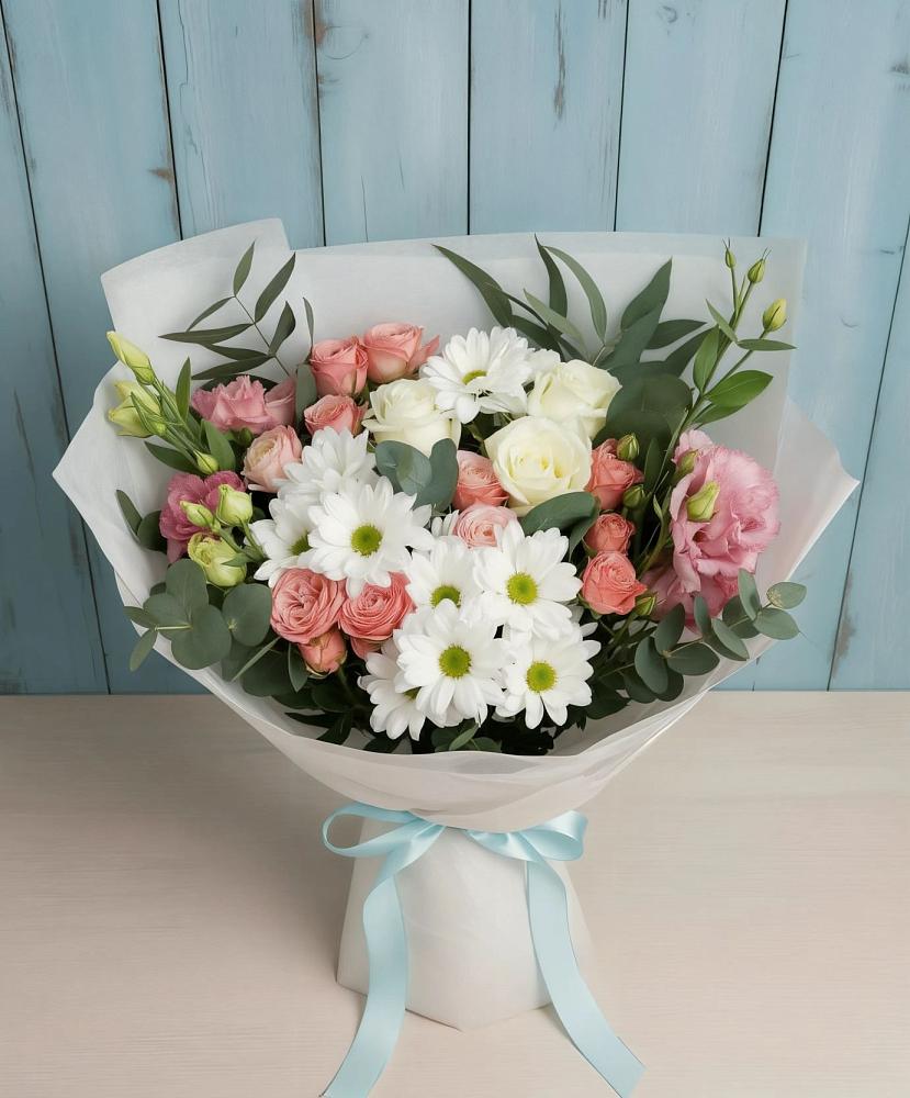 Букет цветов из: Розы, Лизиантусы и Хризантемы в Подгорной Ставропольского края