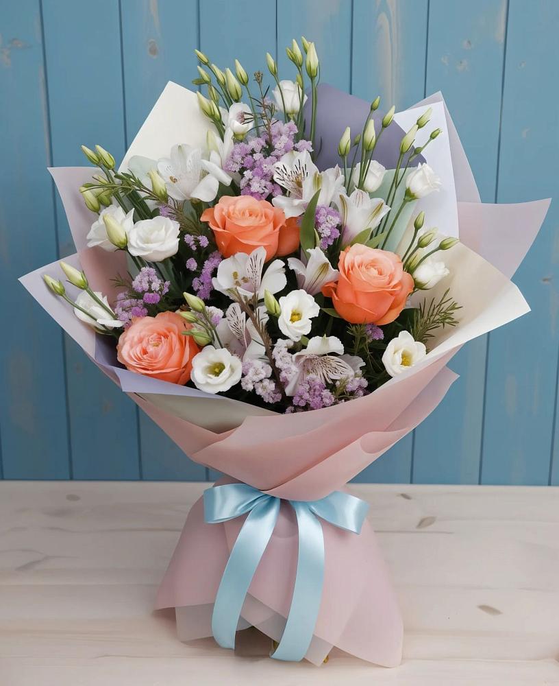 Букет цветов из: Лизиантусы, Розы, Альстромерии и Гипсофила в Подгорной Ставропольского края