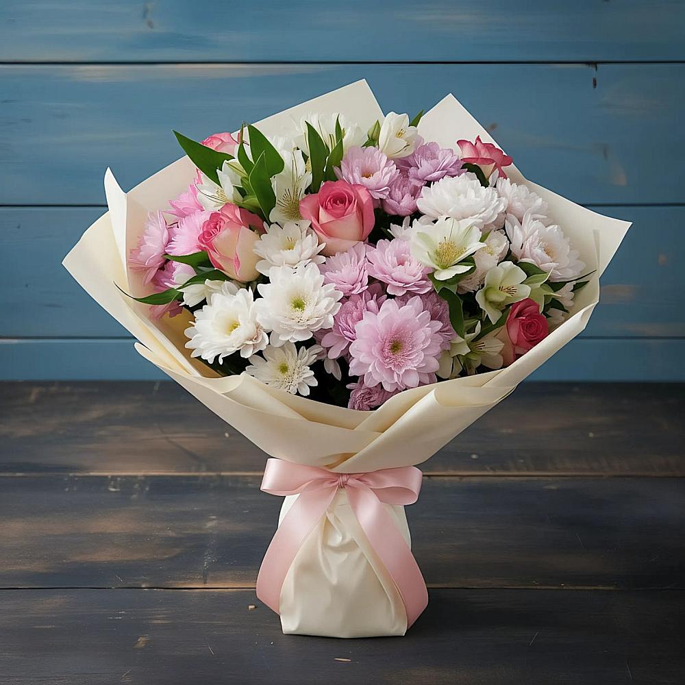 Букет цветов из: Хризантемы, Альстромерии и Розы в Подгорной Ставропольского края